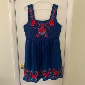 Blue Square Neck Dress with Floral Embroidery